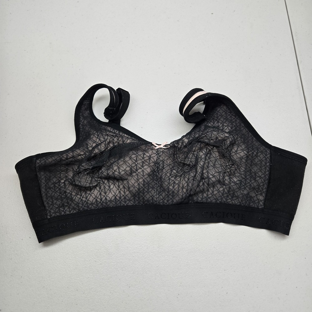 Cacique Women Bra 42C Black Geometric Unlined Full Coverage Wireless Lace Bow
